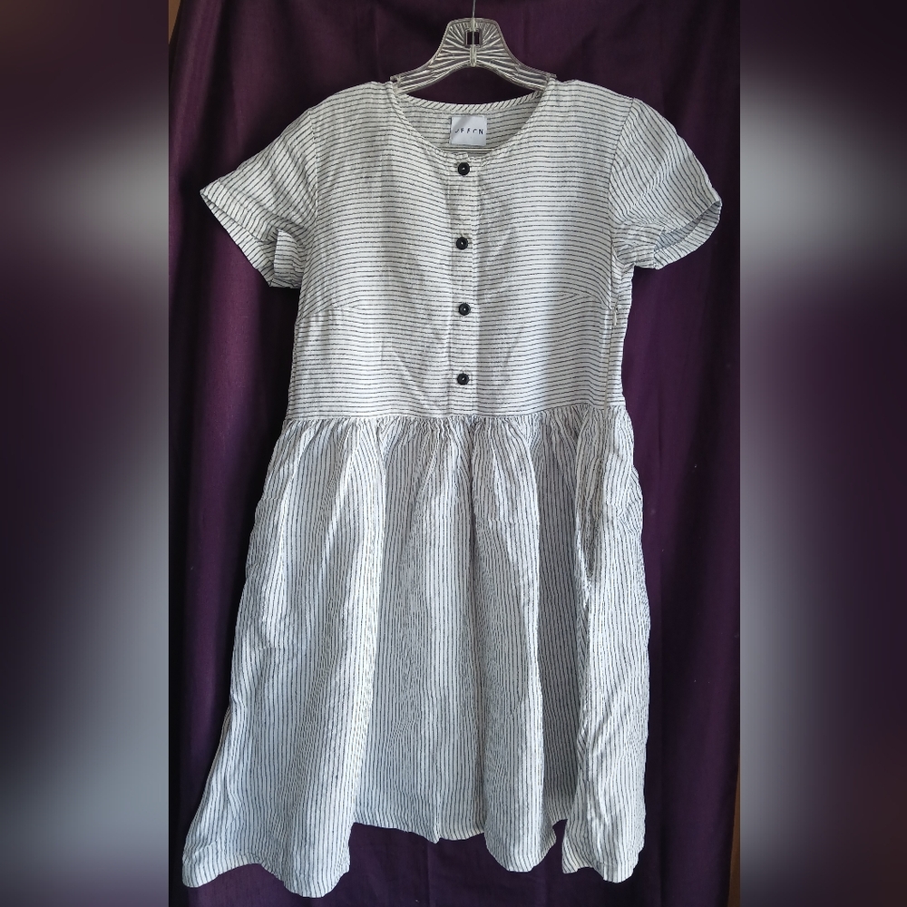 ❣️sold❣️Offon Women's Linen Dress Gray White Stripe Nursing Friendly Buttons